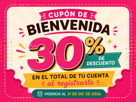 Cupón de bienvenida: 30% de descuento al registrarte